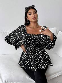 Vionelle 大码女式印花荷叶边灯笼袖时尚衬衫 - 黑色 - 查看 5