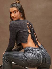 Denimoi Women's Charcoal Rib Holiday Cropped Top With Tie Back - Dark Grey - View 1