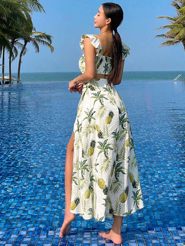 Women Plant Print Cinched Waist Slit Sleeveless Vacation Midi Dress, Green "Holidaya Flower" Style, Spring/Summer Sundress Cruise Outfit For Women Easter Boho