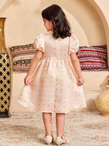 SHEIN Leap Crew 年轻女孩优雅波尔卡圆点网眼刺绣泡泡袖拼接连衣裙 - 杏色 - 查看 8