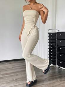 SHEIN Girlism Conjunto de 2 piezas para adolescentes: Top corto con pliegues y bajo asimétrico y pantalones acampanados para Año Nuevo - Albaricoque - Ver 3