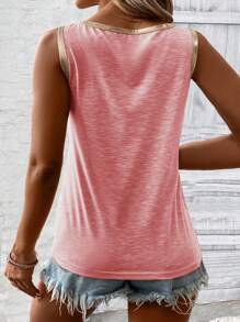 INAWLY Áo thun nữ cổ chữ V mùa xuân/hè màu trơn dáng rộng với màu sắc tương phản - Hồng - Xem 2