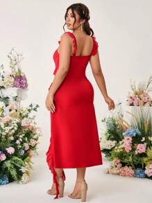 SHEIN Belle Plus Size Women Solid Color Patchwork Ruffle Hem Side Slit Elegant Valentine's Day Red Dress - Red - View 2