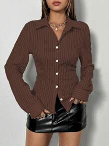 Flirla Women's V-Neck Button Long Sleeve Slim Fit Daily Casual Fashion Shirt Fall Cloth For Women - Coffee Brown - View 3