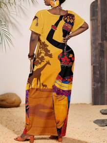 Maweii Đầm cổ tròn tay ngắn in họa tiết động vật và cây cỡ lớn cho nữ, dành cho mùa hè - Nhiều màu - Xem 2