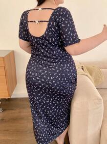 Dazy Plus 大码蝴蝶结装饰露背印花修身中长连衣裙，春夏女工连衣裙度假装 - 藏蓝色 - 查看 9