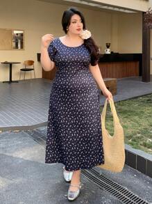 Dazy Plus 大码蝴蝶结装饰露背印花修身中长连衣裙，春夏女工连衣裙度假装 - 藏蓝色 - 查看 7