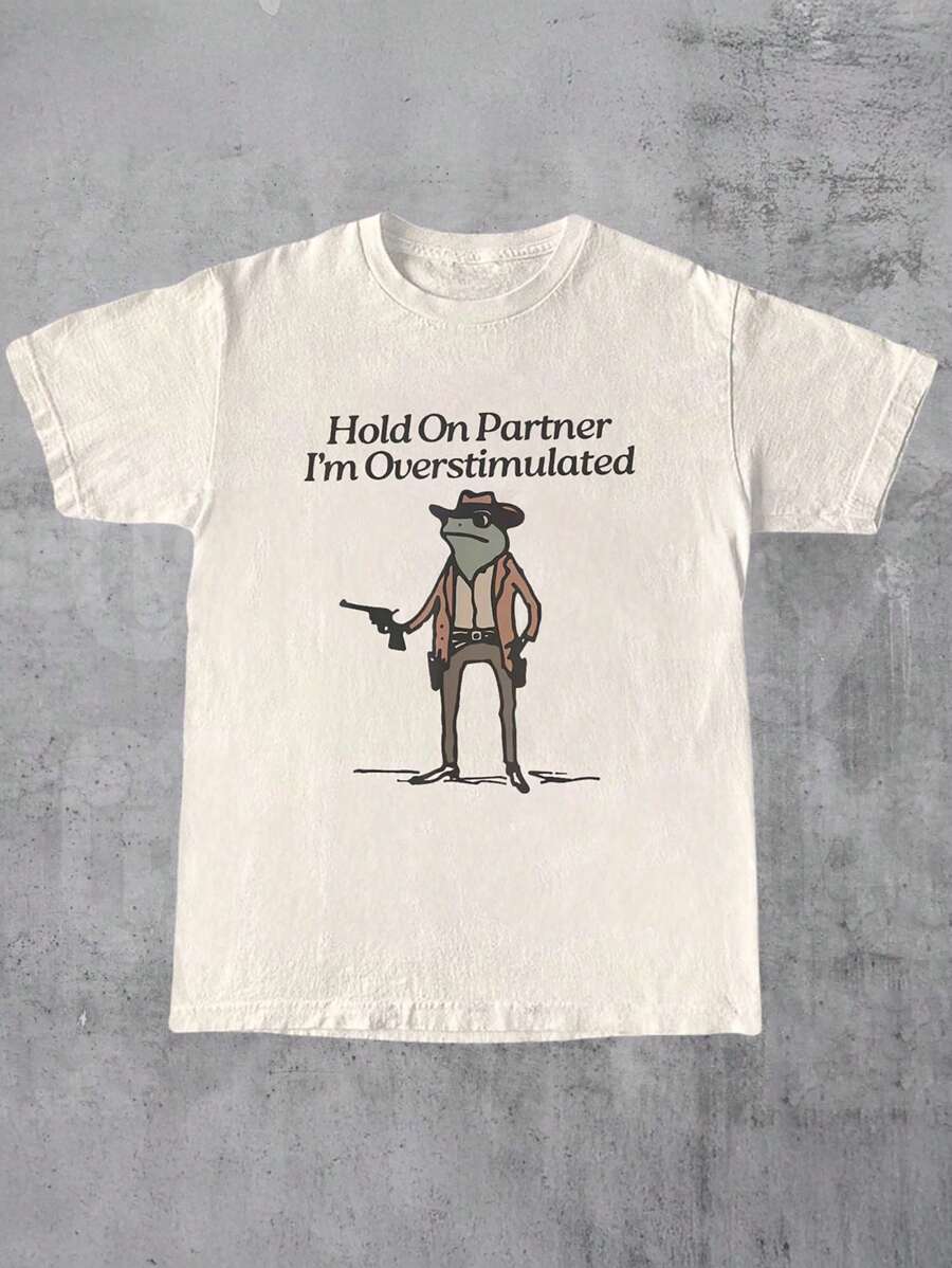 INAWLY 加大码 Hold On Partner 我过度刺激印花趣味青蛙假日 T 恤时尚美学 T 恤，兄弟姐妹礼物，姐妹款，趣味上衣，夏季款