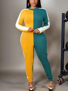 Slaydiva Damen Große Größen Lässig Raglan Ärmel Splice Zweifarbiger Rippenstoff Jumpsuit - Verschiedenfarbig - Übersicht 7