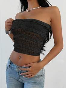 Aloruh Women's New Solid Color Elegant Romantic Lace Bow Ruffle Shirred Bust Cropped Bandeau Top - Black - View 7