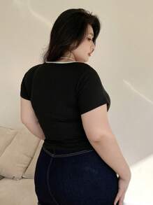 Dazy Plus Color Block Bowknot Tie Up Fitted Cropped T-Shirt, Spring & Summer - Black - View 2