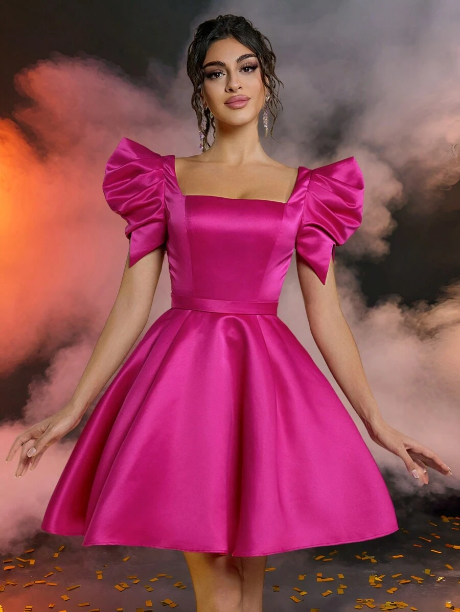 SHEIN Belle Elegant And Gorgeous Rose Red Square Neck Puff Sleeves Dress Suitable For Evening Bachelor Party Birthday Date, Back To School Prom Dress, Wedding Guest Dress