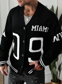 Manfinity Hypemode Men's Casual Button-Up Cardigan With Number Print, Long Sleeve For Autumn/Winter