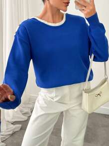 SHEIN Cottnline Women Solid Color Stripe Detailed Button Neck Pullover - Blue - View 5