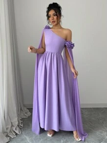 Rafferiza French Elegant Asymmetric Floral Print Sheer Ruffle Waist A-Line Dress For Women, Suitable For Daily, Party, Spring/Summer - Mauve Purple - View 8