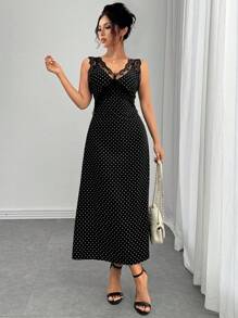 Chiquease 性感优雅优雅V领蕾丝拼接波点印花紧身连衣裙 - 黑色 - 查看 3