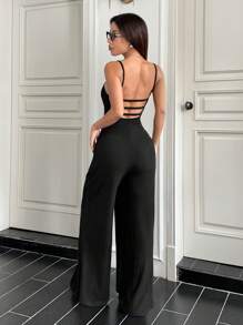 SHEIN Unity Ribbed Backless Minimalist Straight Leg Black Jumpsuits - Black - View 1