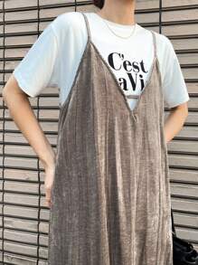 FRIFUL Damen einfarbiges Trägerkleid, lässiges strukturiertes, locker sitzendes Midikleid, Sommerkleid, Herbstkleid mit Langarm - Khaki - Übersicht 7