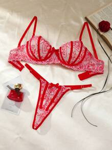 Valentine's Day Red Women Lingerie Set, Romantic French Heart Design Sheer Comfortable Daily Wear