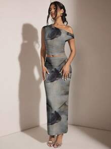 SHEIN BAE 女士优雅扎染图案不对称肩部褶皱修身背心和褶皱紧身裙套装