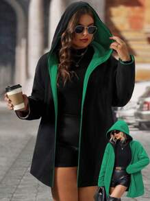 SHEIN LUNE Plus Size Reversible Contrast Color Sherpa Hooded Coat With Pockets For Women, For Winter Clothes - Black - View 1