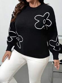 SHEIN Frenchy Plus Size Women Floral Line Pattern Pullover Sweater, New Style For Autumn/Winter - Black - View 5
