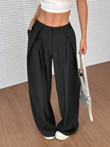SHEIN EZwear Pantalones casuales sueltos de pierna ancha y plisados de unicolor, versátiles, para mujer