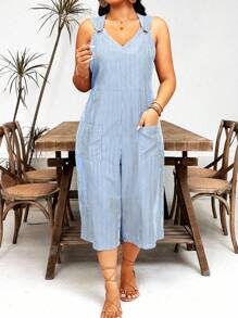 Plus Size Simple Striped Jumpsuit, Fashion Casual Everyday Wear - Baby Blue - View 3