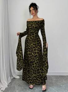 Elenzga Women's Leopard Print Off-Shoulder Ultra-Long Sleeve Dress - Olive Green - View 5