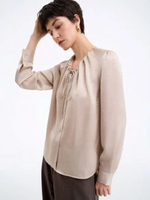 Aalyst Chemise à manches longues pour femmes avec col rond élégant, cordon coulissant, nœud papillon et boutons devant. Convient pour le printemps, l'automne et l'hiver