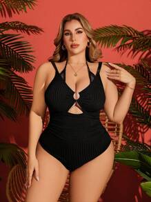 SHEIN Swim Curve Plus Size 1pc Cutout Rib Knit Design Spaghetti Strap Backless Adjustable One-Piece Swimsuit For Women, Elegant & Sexy Beach Vacation Swimwear, For Summer - Black - View 5