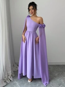 Rafferiza French Elegant Asymmetric Floral Print Sheer Ruffle Waist A-Line Dress For Women, Suitable For Daily, Party, Spring/Summer - Mauve Purple - View 5