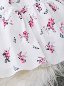 1pc Tween Girl Floral Print Pastoral Style V-Neck Dress, Spring/Summer - White - View 7