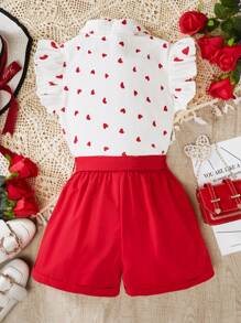 2pcs Valentine's Day Tween Girls Heart Print Collar Shirt And Shorts, Spring/Summer Casual Formal Outfit Set - Red and White - View 2