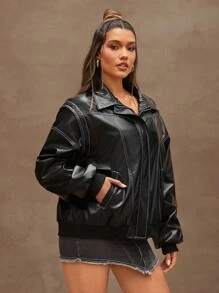 SHEIN Unity Minimalistischer Lederjacke mit Reißverschluss-Detail und Steppstich, geeignet für Herbst und Winter - Schwarz - Übersicht 4