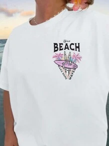 Calvaya 大码女式夏季棕榈树字母印花圆领短袖休闲T恤图案T恤女式上衣 - 白色 - 查看 3