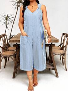 Plus Size Simple Striped Jumpsuit, Fashion Casual Everyday Wear - Baby Blue - View 1