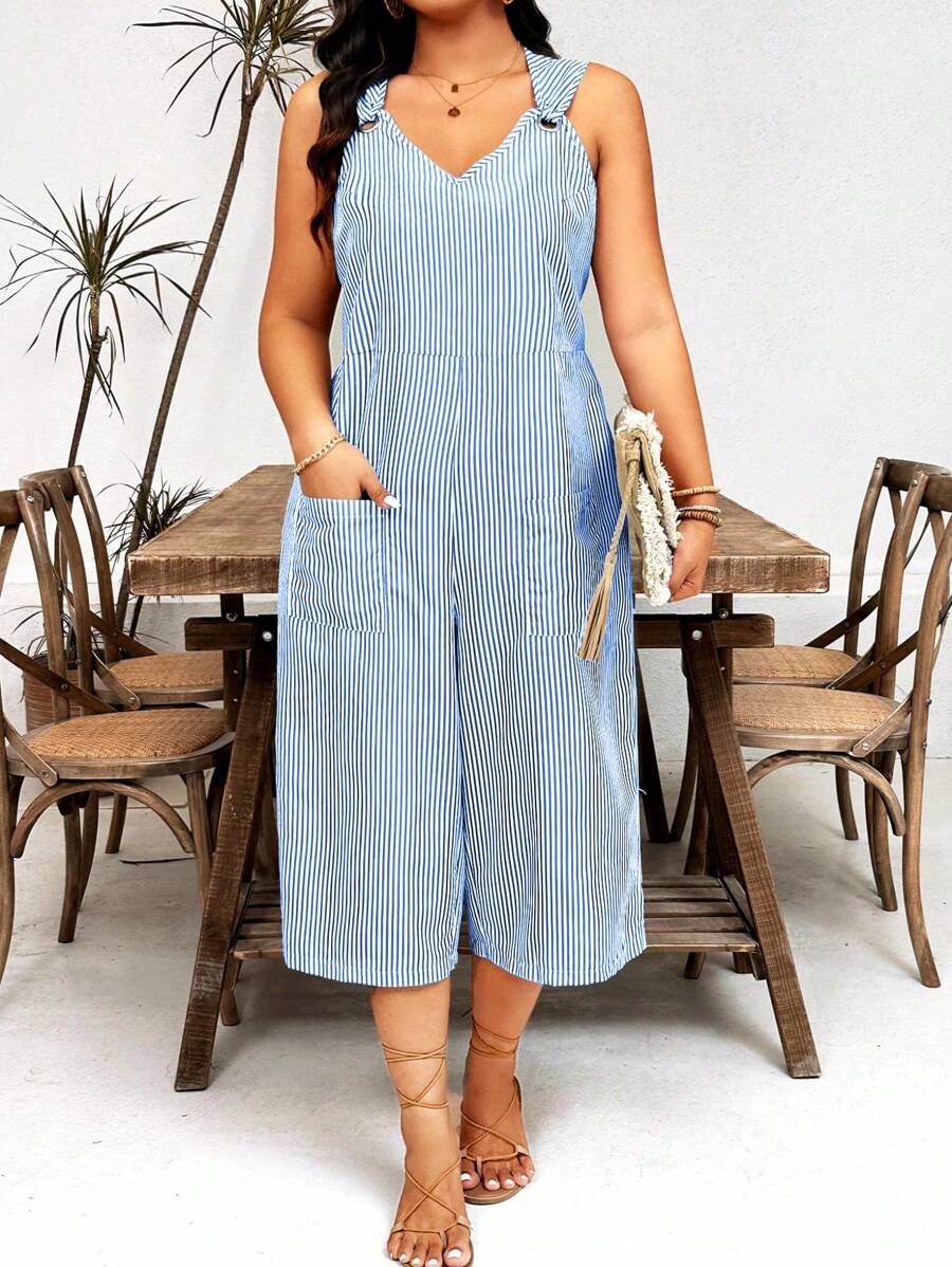 Plus Size Simple Striped Jumpsuit, Fashion Casual Everyday Wear - Baby Blue - View 1