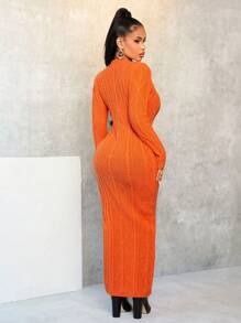 BamGleam Váy len dài tay hở vai họa tiết cáp màu trơn cho nữ - trái cam - Xem 2