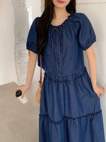 DAZY 女士褶皱短袖开衫夹克和牛仔裙两件套 - 深色水洗藍 - 查看 4