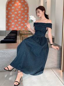 DAZY 女士露肩短袖牛仔连衣裙 - 深色水洗藍 - 查看 4