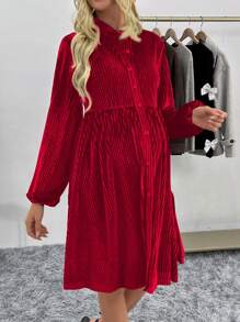 SHEIN Maternity Solid Color Lantern Sleeve Single Breasted Casual Short Dress - Red - View 3