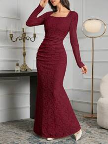 Modelyn 女士优雅白色蕾丝修身长裙长款晚礼服 - 酒紅色 - 查看 3