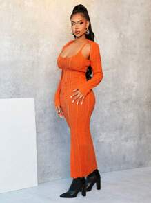 BamGleam Váy len dài tay hở vai họa tiết cáp màu trơn cho nữ - trái cam - Xem 7