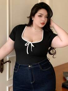 Dazy Plus Color Block Bowknot Tie Up Fitted Cropped T-Shirt, Spring & Summer - Black - View 1