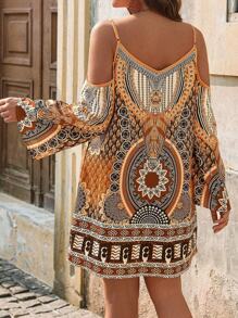 Breezaya Đầm suông dài tay trễ vai họa tiết hoa cỡ lớn cho nữ, phong cách nghỉ dưỡng - Nhiều màu - Xem 2