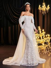 Glamrae Elegante, lujoso y romántico vestido de novia con diseño de manga transparente de malla bordada con cuentas, escote hombros descubiertos, manga tipo gota con adorno de cinta, falda ajustada de sirena con vuelo y volumen de tul, ideal para bodas - Blanco - Ver 1