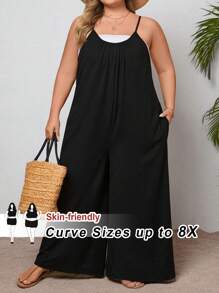 SHEIN CURVE+ Plus Size Solid Color Loose Jumpsuit With Pockets, Without Top - Black - View 8