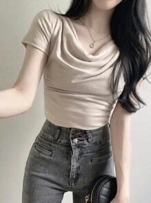 DAZY 纯色修身短袖围脖领 T 恤夏季 - 杏色 - 查看 7