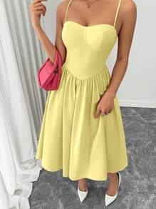 Rafferiza 女士时尚百搭吊带腰部喇叭下摆黄色连衣裙，适合约会、聚会、秋冬季